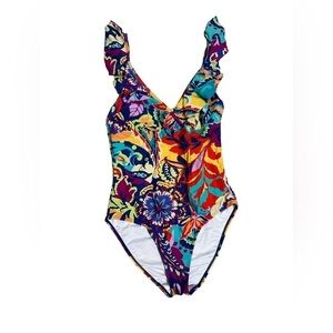 Tahari Tropical One Piece Flutter Straps SZMedium Ruffle Rainbow Summer Beach